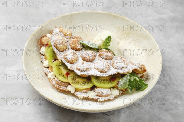 A delightful dessert showcases a fluffy shell filled with fresh kiwi slices and whipped cream, decorated with a sprinkle of powdered sugar and a touch of mint. Perfect for a sweet treat