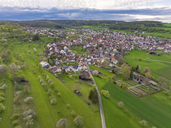 Picturesque view of a traditional village, embedded in extensive nature and gardens, Ostelsheim, district of Calw, Germany