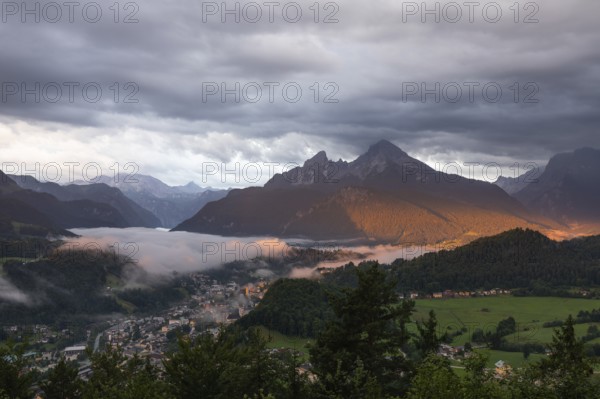 Marxenhöhe near Berchtesgaden with Watzmann view in the morning mist after the rain