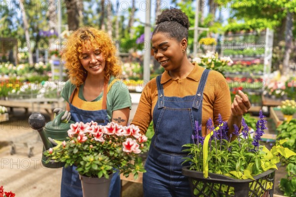 Two young women working together in a vibrant garden center, nurturing colorful flowering plants while enjoying the beauty of nature