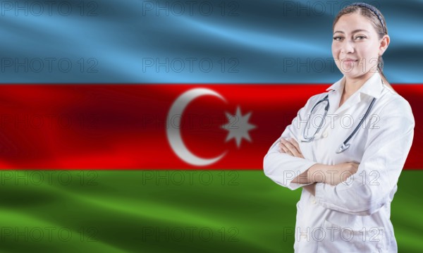 Female doctor on Azerbaijan flag. Doctor with crossed arms on Azerbaijan flag. Azerbaijan health and care concept