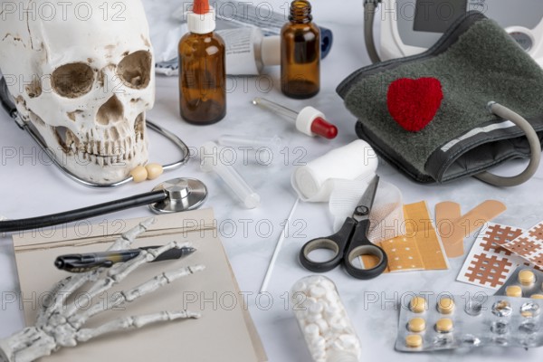 Skull with various medical instruments and medication
