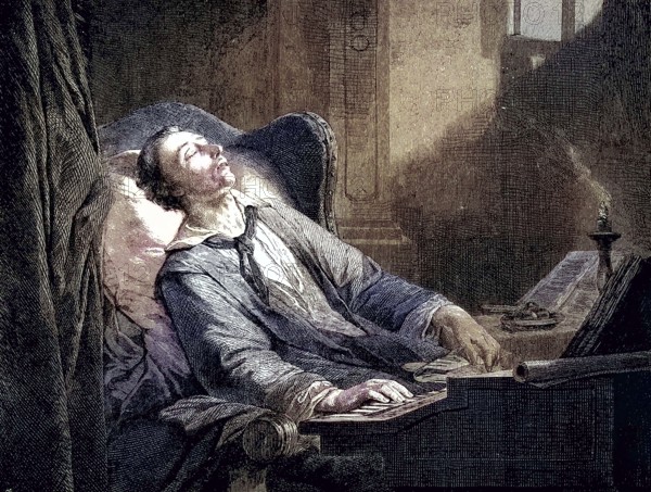Carl Maria Friedrich Ernst von Weber, 1786-1826, German composer, conductor and pianist, shortly in front of his death, coloured woodcut from 1864, A man in an armchair writes intently by candlelight late at night