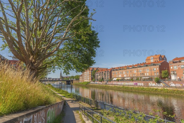 View from Alte Neustadt across the Weser to the Teerhof peninsula, brick architecture, hiking trail, row of trees, water reflection, cultural church St. Staphani, blue sky, Hanseatic City of Bremen, Germany