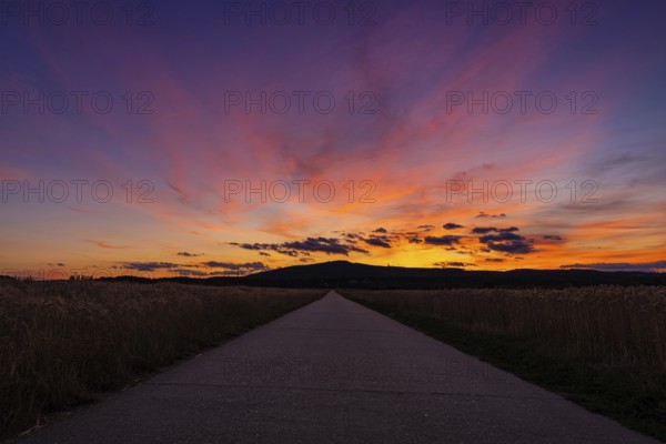 The sun has set behind the Taunus, a low mountain range in Hesse, and colours the evening sky, Frankfurt, Hesse, Germany