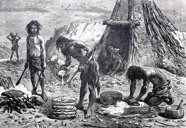Bakery, bread baking in prehistoric times, digitally enhanced reproduction of a 19th century model, historical, exact date unknown