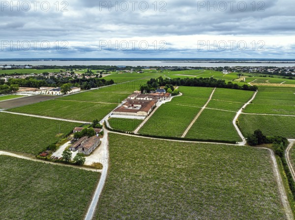 Chateau Pontet-Canet Vineyard and grape fields around Pauillac and Gironde Estuary from a drone, Bordeaux, Gironde, Nouvelle-Aquitaine, France