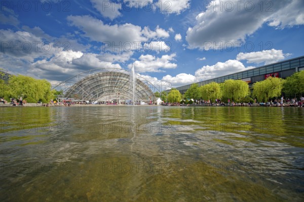 New Leipzig Trade Fair Centre, Leipzig Trade Fair, with glass entrance hall and water basin, trade fair complex, exhibition grounds, glass dome, event, trade, exhibition, Leipzig, Saxony, Germany