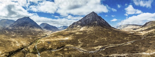 Panorama of The Buachaille Mountain and Moors over Glen Etive Valley from a drone, Buachaille Etive Mòr, The Buachaille, Highlands, Scotland, United Kingdom