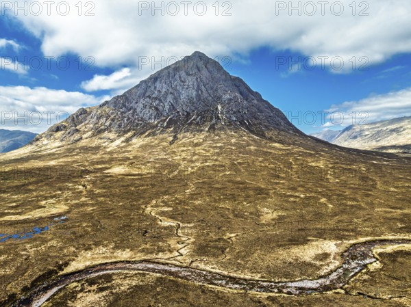 The Buachaille Mountain and Moors over Glen Etive Valley from a drone, Buachaille Etive Mòr, The Buachaille, Highlands, Scotland, United Kingdom