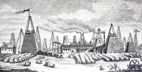 Petroleum wells in Oelheim, Ölheim, oil production, drilling rigs and oil barrels, around 1882, district of Peine, Lower Saxony, Germany, Historical, digitally enhanced reproduction of a 19th century original