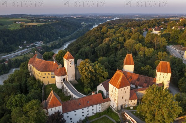 Neuburg am Inn Castle, Neuburg am Inn, drone shot, Lower Bavaria, Bavaria, Germany