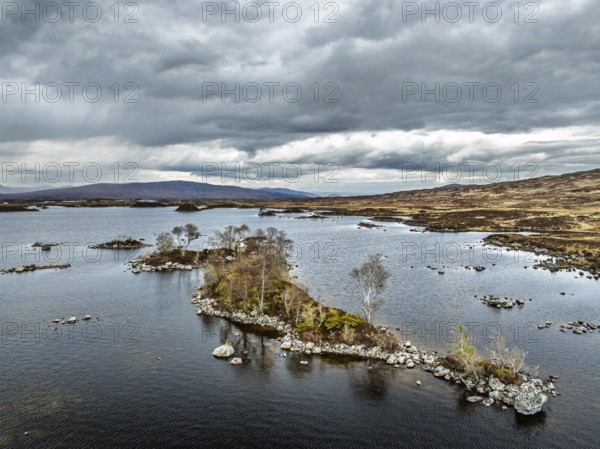 Rannoch Moor from a drone over Loch Ba and Loch of the Armpit, A82 Highland Way, Argyll and Bute, West Highlands, Scotland, United Kingdom
