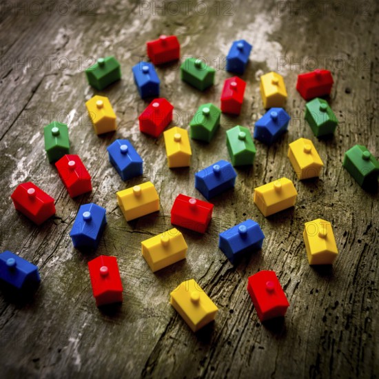 Numerous small, vibrant houses are scattered on a textured wooden surface, evoking the lively energy of a classic real estate board game filled with fun and strategy