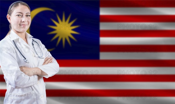 Female doctor on Malaysia flag. Doctor with crossed arms on Malaysia flag. Malaysia health and care concept