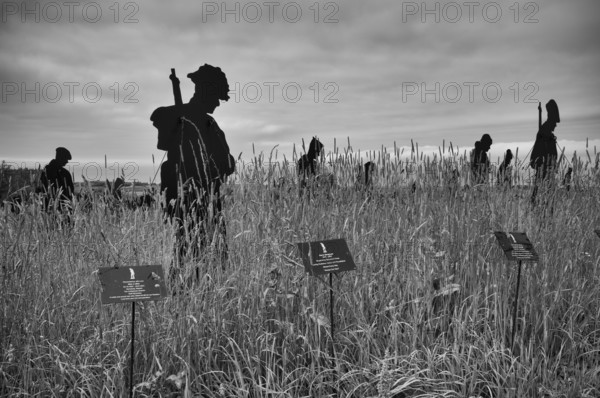 Installation, Standing with Giants, honours the victims of the fallen British soldiers by personification, British Normandy Memorial, war memorial, black and white, Ver-sur-Mer, D-Day, Operation Overlord, Gold Beach, Normandy, Calvados, France
