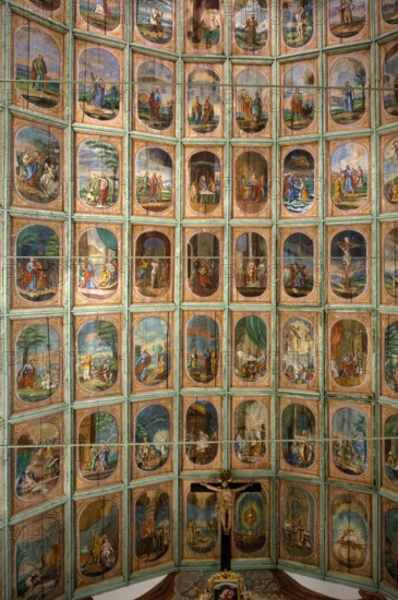 Interior view, church ceiling, wooden ceiling with New Testament scenes, apostles and the secondary patrons, Chapel of the Holy Blood, Willisau, Canton Lucerne, Switzerland