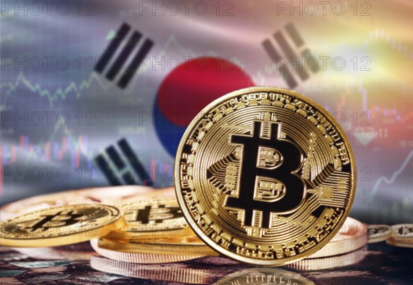 Bitcoin with South Korea flag in the background. Investors in cryptocurrency and Blockchain Technology in South Korea, Concept