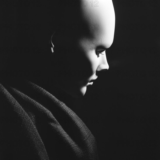 A smooth, featureless bust of mannequin head presented in profile against a dark background highlights its elegant contours and deep shadows