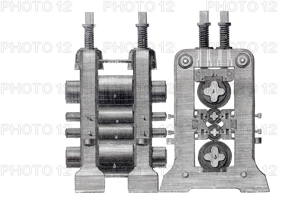 Sheet metal rolling machine, levelling machine, after patent by J, F, Newton, historical, digitally improved reproduction of a model from around 1860