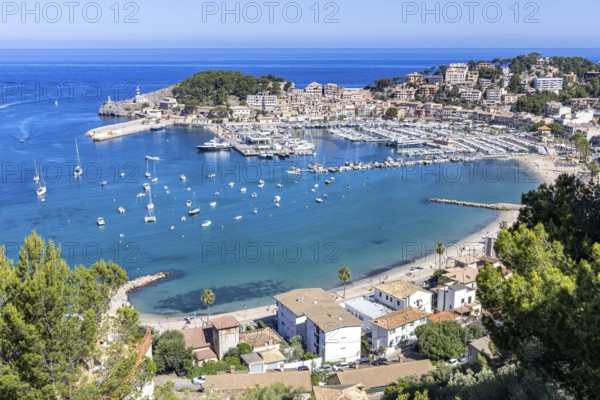 Port de Soller on Majorca from above holiday by the sea beach harbour with boats trip in Port de Sóller, Spain