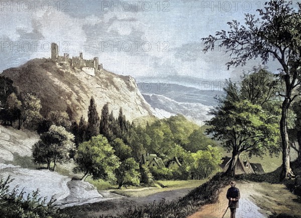 Nassau Castle rises near the town of Nassau on a rocky cone 120 metres above the Lahnthal, Germany, Illustration, published 1890, Reproduction, digitally enhanced, Historical