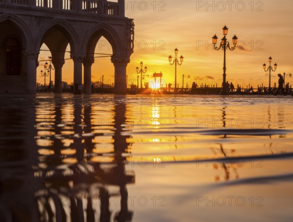 Piazzetta in the morning during the Acqua alta, Venice, Veneto, Italy