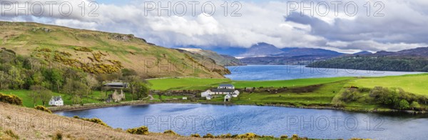 Panorama of Farms over Loch Harport, Drynoch, Isle of Skye, Scotland, UK