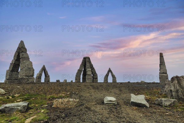 Arctic Henge, large stone gates, basalt, landmark in barren landscape, Heimskautsgerði, Heimskautsgerdi, artist Erlingur Thorodsen, evening sky, Raufarhöfn, Melrakkasletta, North-East Iceland, Iceland