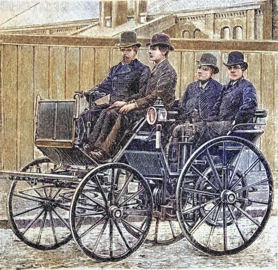 Street car with Daimler engine, coloured wood engraving, reproduction of a model from ca 1888, Historical, Four men in cylinders drive an early automobile through the city