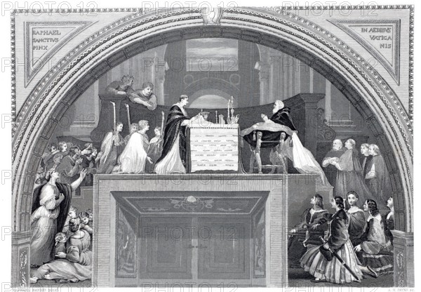 The miracle of Bolsena, miracle of blood, after a painting by Raphael, illustration from 1865, biblical story, digitally enhanced reproduction from a 19th century original, historical, exact date unknown