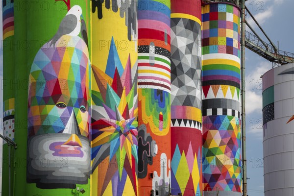 Saginaw, Michigan - The Shine Bright mural on abandoned grain elevators. The mural was created when the community raised $50, 000 to bring Spanish street artist Okuda San Miguel (OKUDA) to Saginaw