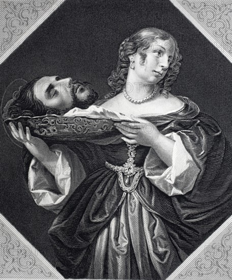 Herodias (8 BC to after 39 AD), daughter of the Jewish prince Aristobulus and his woman Berenice. She is said to have been primarily responsible for the beheading of John the Baptist, whose head she is presenting here. Steel engraving after a painting by Carlo Dolci, historical, digitally restored reproduction of a 19th century original