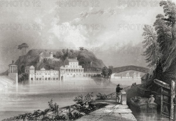 Fairmount Waterworks, Schuylkill River, Philadelphia, America in the 19th century. From the Cyclopaedia of Useful Arts and Manufactures by Charles Tomlinson, digital reproduction of a historical model