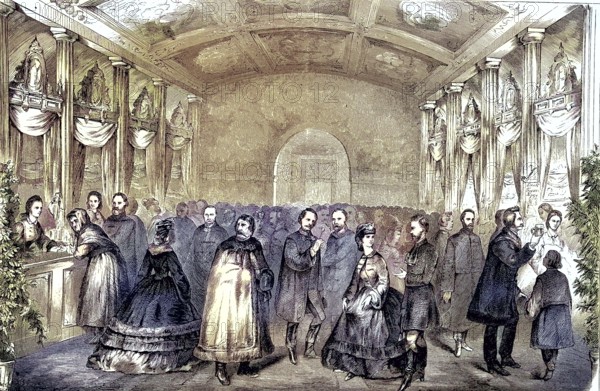 Charity bazaar of Hungarian housewives in Pesth, Hungary, coloured woodcut from 1864, people in a ballroom, elegantly dressed, dancing and exchanging ideas