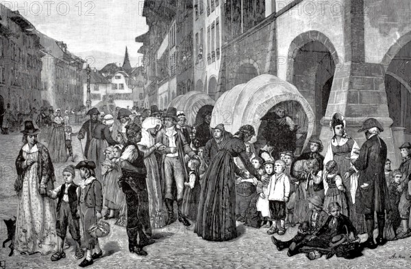 French emigrants are taken in by the citizens of Bern, Switzerland in 1703, Historical, digitally restored reproduction from a 19th century original, Record date not stated