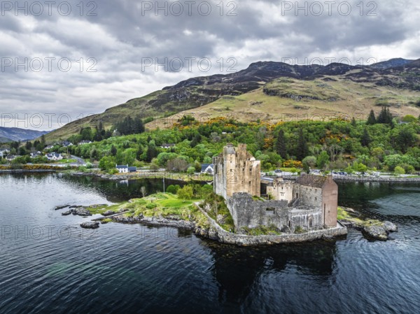 Eilean Donan Castle and Loch Duich from a drone, Isle of Skye, Highlands, Scotland, England, United Kingdom