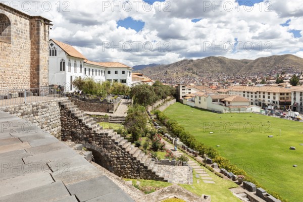 Courtyard, garden, monastery of Santo Domingo and church built on the Golden Temple of Coricancha Inca ruins, Cusco, Peru