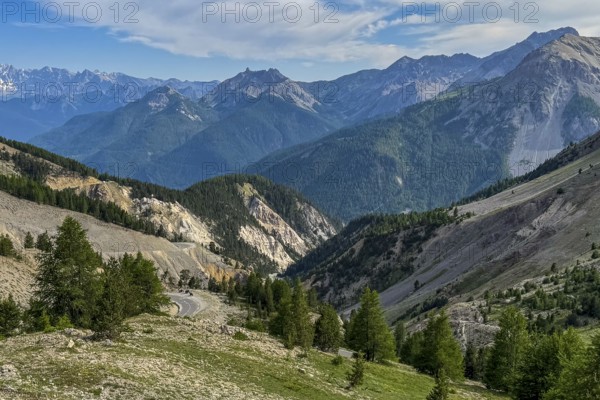 View of the southern ascent to the southern ramp of the Col de l'Izoard d'Izoard Alpine pass 2360 metres high road pass mountain road pass road, Cervières, Department Hautes-Alpes, Provence-Alpes-Cote d'Azur, France