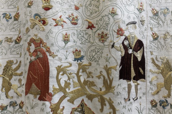 Wedding cloth from the 16th century, embroidered bridal couple and ornaments, St Mary's Church, Rostock, Mecklenburg-Vorpommern, Germany