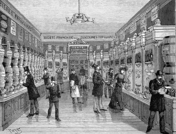 A vending machine for drinks, here in a new drinking establishment, automatic service for drinks, illustration from 1894, reproduction, digitally enhanced, historical