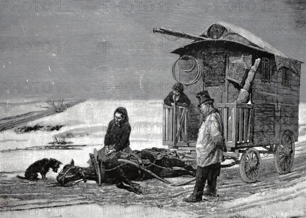 The last steps of the horse that collapsed in front of the carriage and dies, 1880, France, Historical, Digitally restored reproduction from a 19th century original, Record date not stated