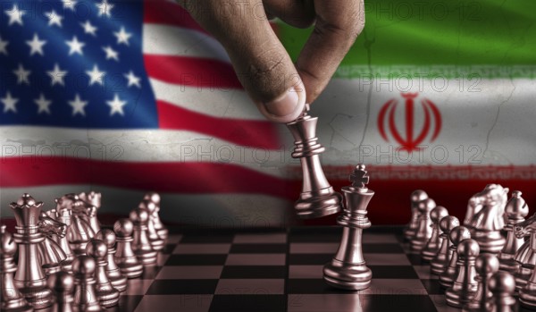 Political tension between USA and Iran. Iran vs USA flag on chessboard. Iran territory conflict