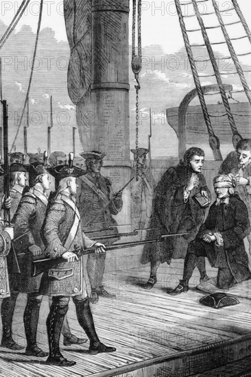 The execution of Admiral John Byng in March 1757. He was best known for the loss of Minorca in 1756 at the beginning of the Seven Years' War, England, digital reproduction of a historical model