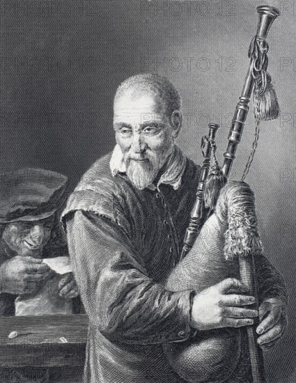 Bagpipe player, bagpiper, steel engraving after a painting by David Teniers, historical, digitally restored reproduction of a 19th century original