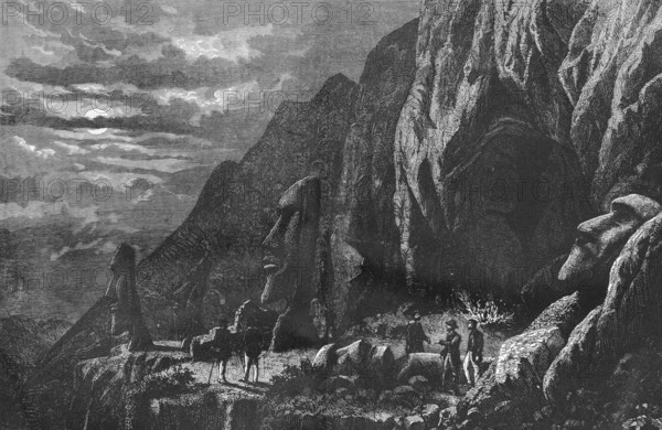 Moai or mo?ai faces in Rapa Nui National Park, monoliths, rock face, UNESCO World Heritage Site, Pacific Ocean, people, Easter Island, Chile, Polynesia, historical illustration 1888