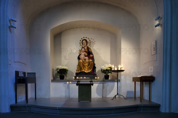 Interior view of the chapel, sacrificial candles, Mary and Jesus, Peter and Paul parish church, pillared hall church, Willisau, Canton Lucerne, Switzerland