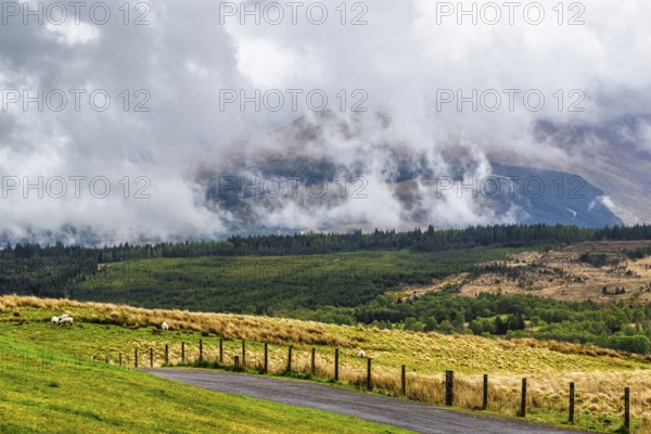 Nevis Range Mountains from Commando Memorial, Grampian Mountains, Fort William, Highland, Lochaber, Scotland, UK