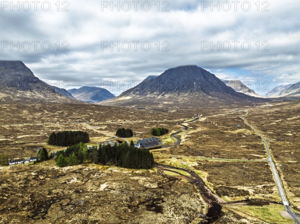 Mountains and Moors over Glen Etive Valley from a drone, Buachaille Etive Mòr, The Buachaille, Highlands, Scotland, United Kingdom