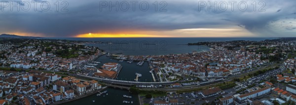 Panorama of Sunset over Saint-Jean-de-Luz from a drone, Nouvelle-Aquitaine, Pyrenees-Atlantiques, France